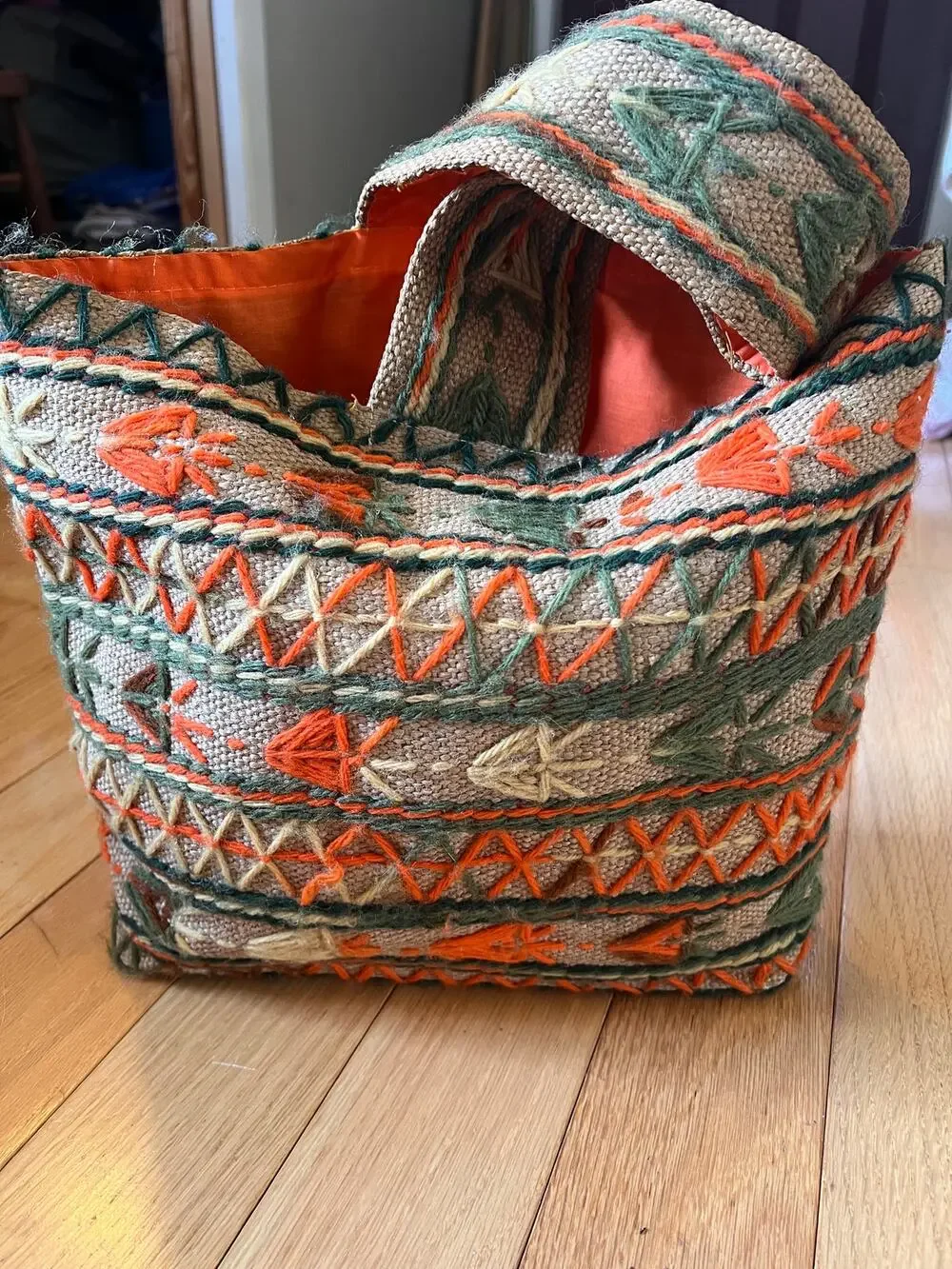 Vintage Embroidered Burlap Tote Bag Boho Folk Art Jute Hippie Festival Purse